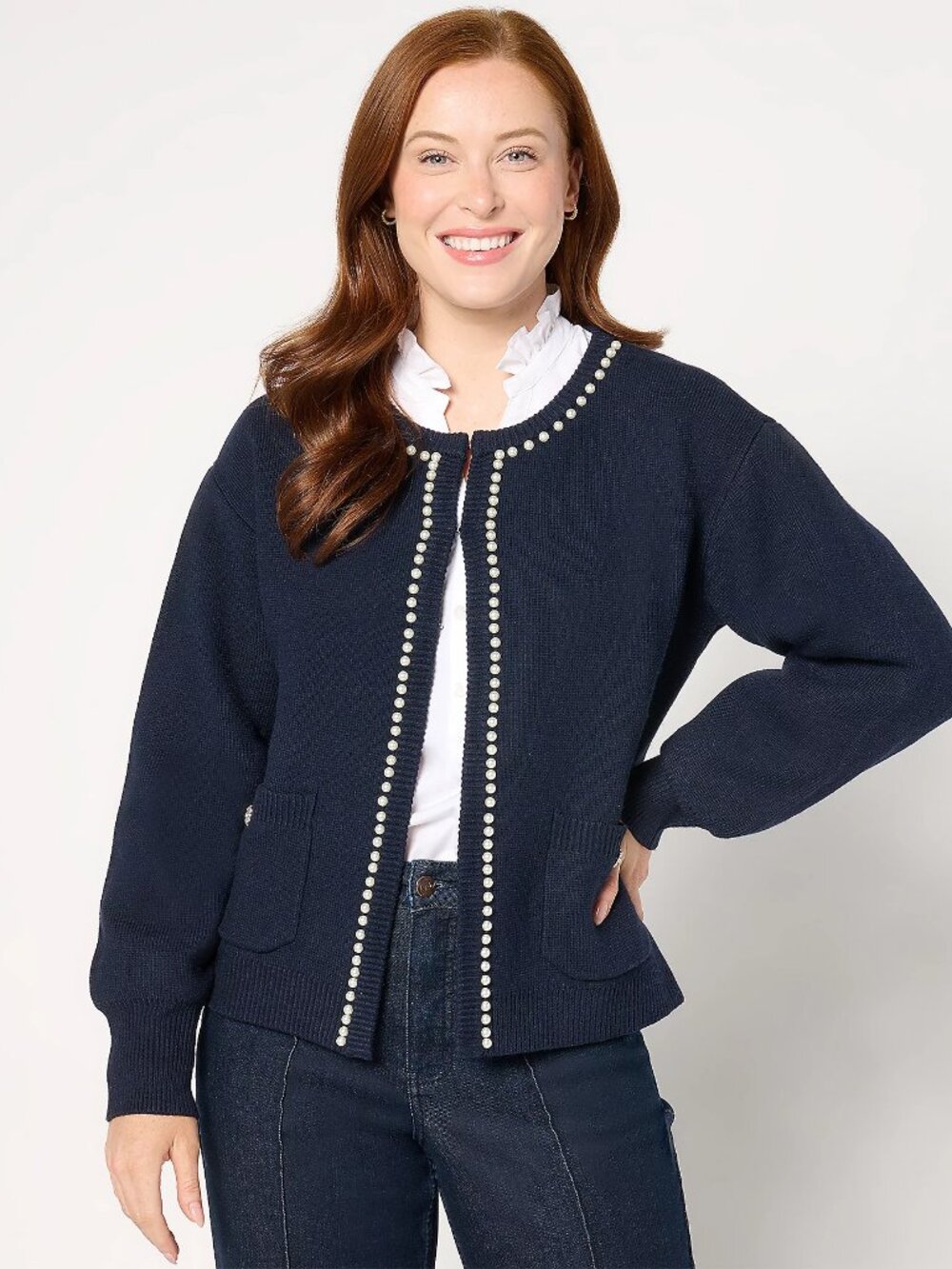 Studio Park x Amy Stran Pearl Embellished Cardigan, Navy Sz L a668770